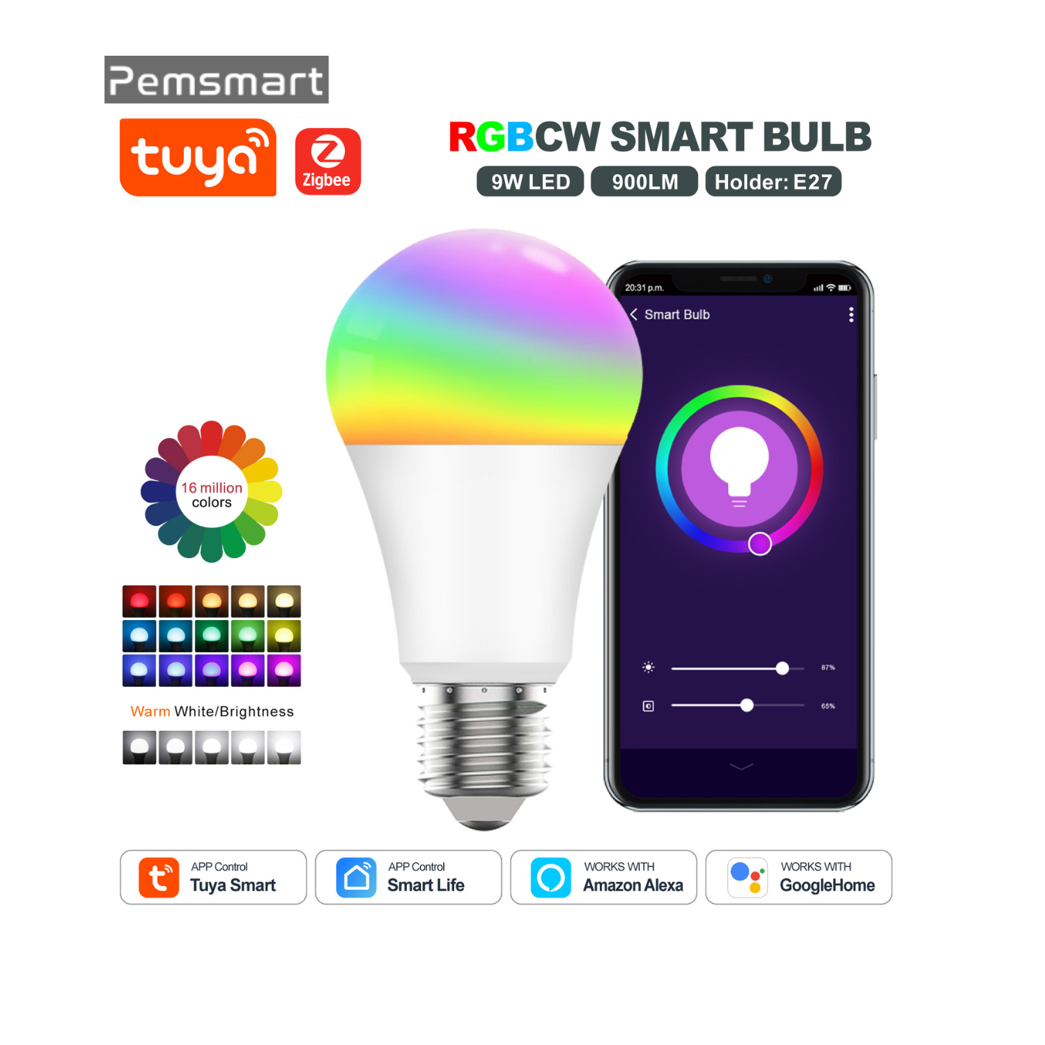 Pemsmart ZigBee Smart LED Light Bulb Energy Efficient E27 Dimmable RGB White Color Lamp 806Lm 9W 90-250V