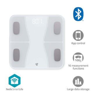 Nedis SmartLife Personal Scale | Bluetooth?? | BMI / BMR / Bones / Fat / Muscles / Water / Weight | 12 | Peak load: 180 kg | Androidƒ?› / IOS | ABS / Glass | White