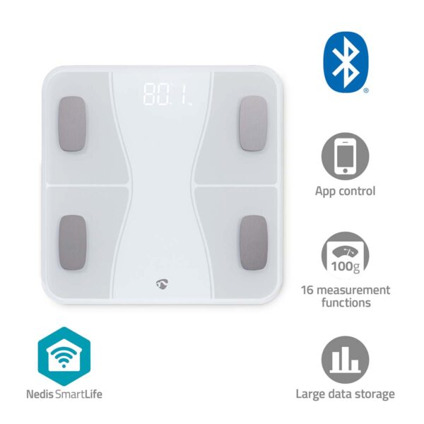 Nedis SmartLife Personal Scale | Bluetooth?? | BMI / BMR / Bones / Fat / Muscles / Water / Weight | 12 | Peak load: 180 kg | Androidƒ?› / IOS | ABS / Glass | White