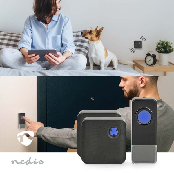 Nedis Wireless Doorbell Set | Mains Powered | 100 - 240 V AC 50/60 Hz | 1x 23A 12V | Volume: 110 dB | Signal range: 150 m | IP55 | Adjustable volume | 58 Melodies | 2 Receivers | Black - Image 6