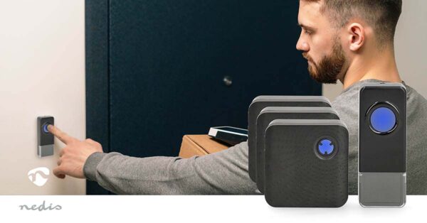 Nedis Wireless Doorbell Set | Mains Powered | 100 - 240 V AC 50/60 Hz | 1x 23A 12V | Volume: 110 dB | Signal range: 150 m | IP55 | Adjustable volume | 58 Melodies | 3 Receivers | Black - Image 7