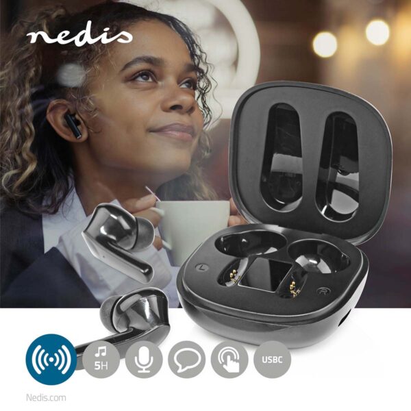 Nedis Fully Wireless Earphones | Bluetooth?? | Maximum battery play time: 5 hrs | Touch Control | Charging case | Built-in microphone | Voice control support | Noise canceling | Black - Image 5