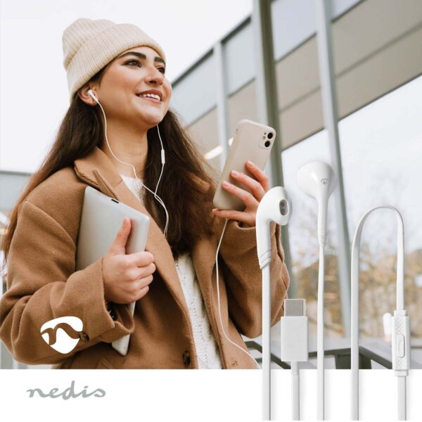 Nedis Wired Earphones | USB-Cƒ?› | Cable length: 1.20 m | Built-in microphone | Volume control | White - Image 2
