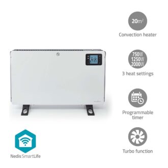 Nedis SmartLife Convection Heater | Wi-Fi | 200mm0 W | 3 Heat Settings | LCD | 5 - 37 ?øC | Adjustable thermostat | White