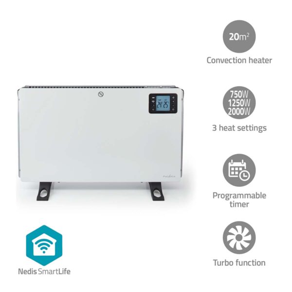 Nedis SmartLife Convection Heater | Wi-Fi | 200mm0 W | 3 Heat Settings | LCD | 5 - 37 ?øC | Adjustable thermostat | White