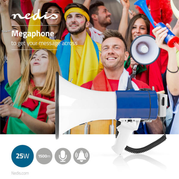 Nedis Megaphone | Maximum range: 1500 m | Maximum Volume control: 120 dB | Detachable Microphone | Built-in siren | Shoulder strap | Blue / White - Image 7