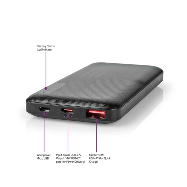 Nedis Powerbank | 10000 mAh | 1.5 / 2.0 / 3.0 A | Number of outputs: 2 | Output connection: 1x USB-A / 1x USB-Cƒ?› | Input connection: 1x Micro USB / 1x USB-Cƒ?› | PD2.0 18W | Lithium-Polymer - Image 9