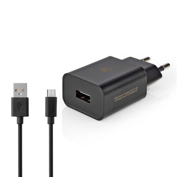 Nedis Wall Charger | 5 W | 1.0 A | Number of outputs: 1 | USB-A | Micro USB (Loose) Cable | 1.00 m | Single Voltage Output | Black - Image 3