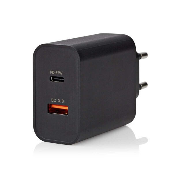 Nedis Wall Charger | 65 W | Quick charge feature | 2.0 / 2.25 / 3.25 A | Number of outputs: 2 | USB-A / USB-Cƒ?› | Automatic Voltage Selection | Black - Image 3