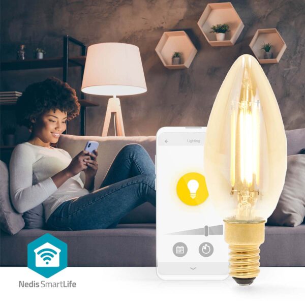 Nedis SmartLife LED Filament Bulb | Wi-Fi | E14 | 470 lm | 4.9 W | Warm White | 1800 - 3000 K | Glass | Androidƒ?› / IOS | Candle | 1 pcs - Image 4