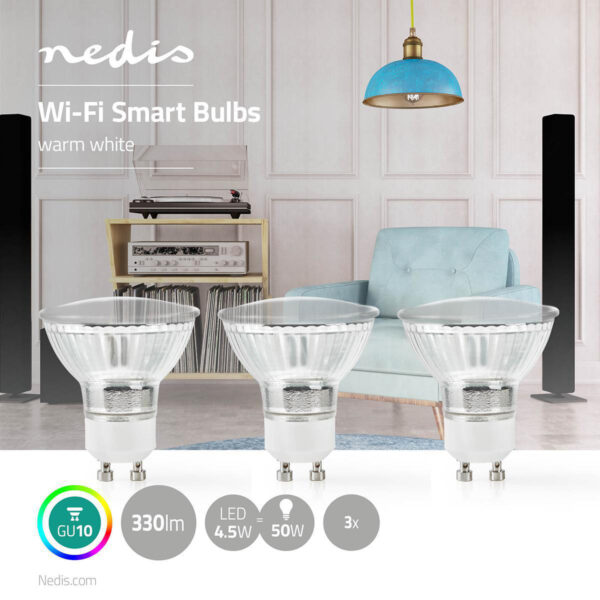 Nedis SmartLife LED Bulb | Wi-Fi | GU10 | 330 lm | 5 W | Warm White | 2700 K | Androidƒ?› / IOS | PAR16 | 3 pcs - Image 5