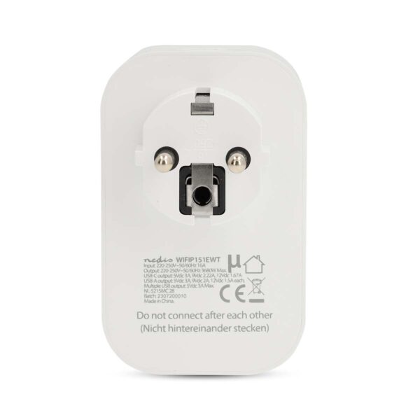Nedis SmartLife Smart Plug | Wi-Fi | IP21 | Power meter | 3680 W | Type E (CEE 7/6) / 1x USB-Cƒ?› / 2x USB | 0 - 55 ?øC | Androidƒ?› / IOS | White | 1 pcs - Image 6