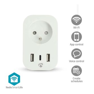 Nedis SmartLife Smart Plug | Wi-Fi | IP21 | Power meter | 3680 W | Type E (CEE 7/6) / 1x USB-Cƒ?› / 2x USB | 0 - 55 ?øC | Androidƒ?› / IOS | White | 1 pcs
