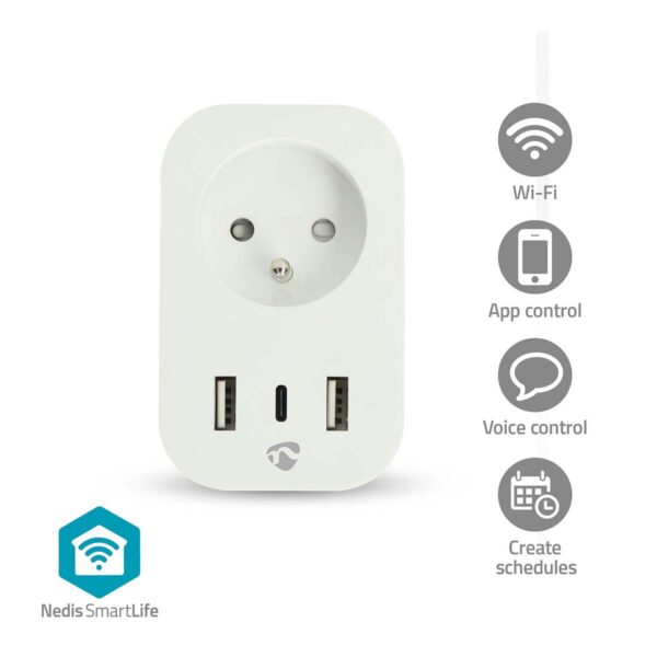 Nedis SmartLife Smart Plug | Wi-Fi | IP21 | Power meter | 3680 W | Type E (CEE 7/6) / 1x USB-Cƒ?› / 2x USB | 0 - 55 ?øC | Androidƒ?› / IOS | White | 1 pcs