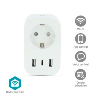 Nedis SmartLife Smart Plug | Wi-Fi | IP21 | Power meter | 3680 W | Type F (CEE 7/7) / 1x USB-Cƒ?› / 2x USB | 0 - 55 ?øC | Androidƒ?› / IOS | White | 1 pcs