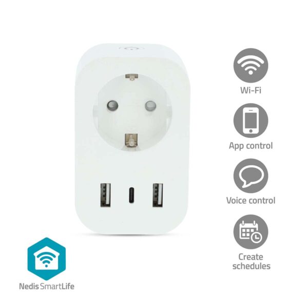 Nedis SmartLife Smart Plug | Wi-Fi | IP21 | Power meter | 3680 W | Type F (CEE 7/7) / 1x USB-Cƒ?› / 2x USB | 0 - 55 ?øC | Androidƒ?› / IOS | White | 1 pcs