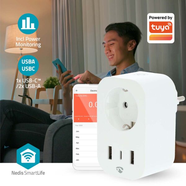 Nedis SmartLife Smart Plug | Wi-Fi | IP21 | Power meter | 3680 W | Type F (CEE 7/7) / 1x USB-Cƒ?› / 2x USB | 0 - 55 ?øC | Androidƒ?› / IOS | White | 1 pcs - Image 8