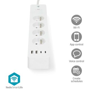 Nedis SmartLife Power Strip | Wi-Fi | 2x USB-A / 2x USB-Cƒ?› / 4x plug with earth contact (CEE 7/5) | 16 A | 3680 W | 2.00 m | 0 - 55 ?øC | Androidƒ?› / IOS | White