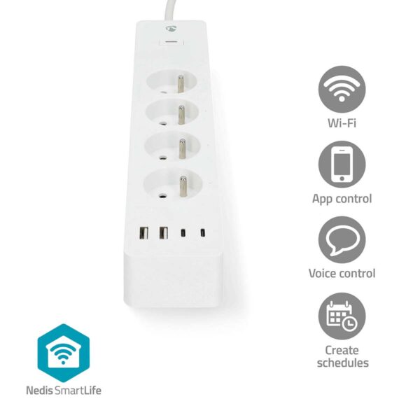 Nedis SmartLife Power Strip | Wi-Fi | 2x USB-A / 2x USB-Cƒ?› / 4x plug with earth contact (CEE 7/5) | 16 A | 3680 W | 2.00 m | 0 - 55 ?øC | Androidƒ?› / IOS | White