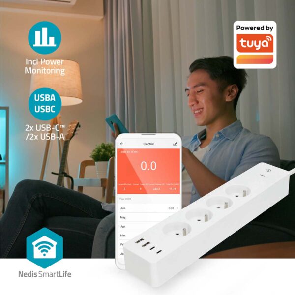 Nedis SmartLife Power Strip | Wi-Fi | 2x USB-A / 2x USB-Cƒ?› / 4x plug with earth contact (CEE 7/5) | 16 A | 3680 W | 2.00 m | 0 - 55 ?øC | Androidƒ?› / IOS | White - Image 9