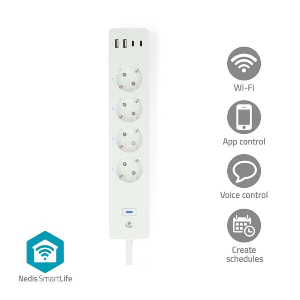 Nedis SmartLife Power Strip | Wi-Fi | 2x USB-A / 2x USB-Cƒ?› / 4x plug with earth contact (CEE 7/3) | 16 A | 3680 W | 2.00 m | 0 - 55 ?øC | Androidƒ?› / IOS | White