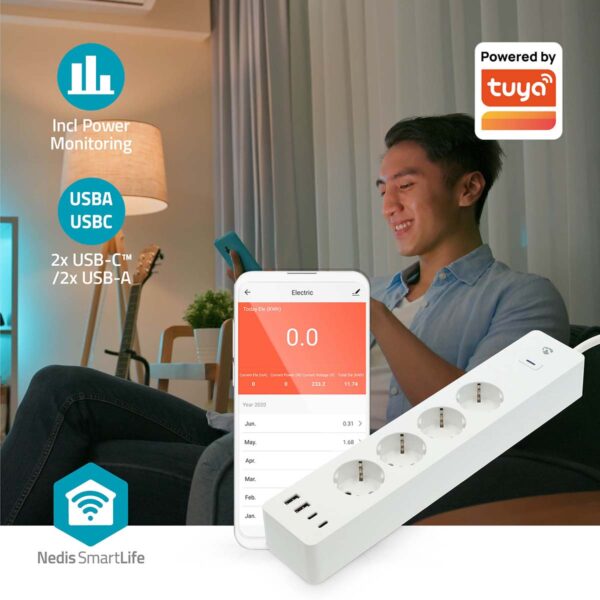 Nedis SmartLife Power Strip | Wi-Fi | 2x USB-A / 2x USB-Cƒ?› / 4x plug with earth contact (CEE 7/3) | 16 A | 3680 W | 2.00 m | 0 - 55 ?øC | Androidƒ?› / IOS | White - Image 8