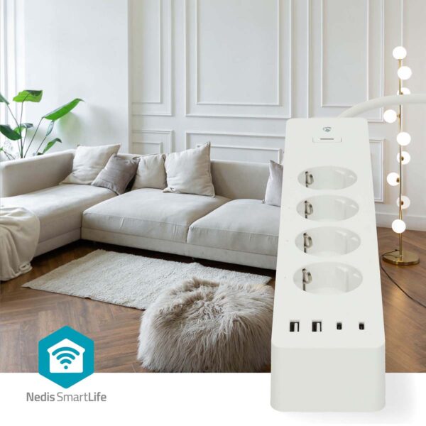 Nedis SmartLife Power Strip | Wi-Fi | 2x USB-A / 2x USB-Cƒ?› / 4x plug with earth contact (CEE 7/3) | 16 A | 3680 W | 2.00 m | 0 - 55 ?øC | Androidƒ?› / IOS | White - Image 6