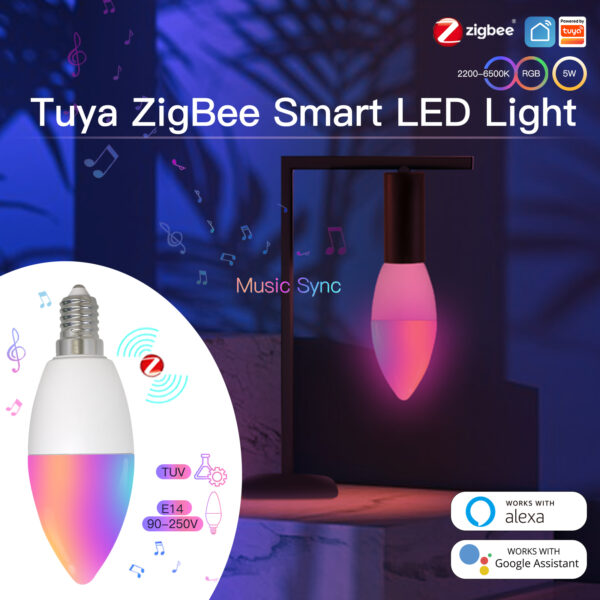 ZigBee Smart E14 Candle LED Light Candle Bulb 5W RGBCCT 2200-6500K Alexa Google Voice Control