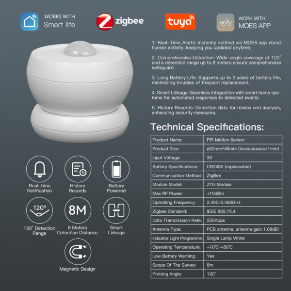 Zigbee Smart PIR Sensor Human Body Infrared Motion Detector With Magnetic Base - Image 4